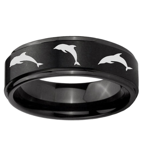 10mm Dolphins Step Edge Brush Black Tungsten Ring