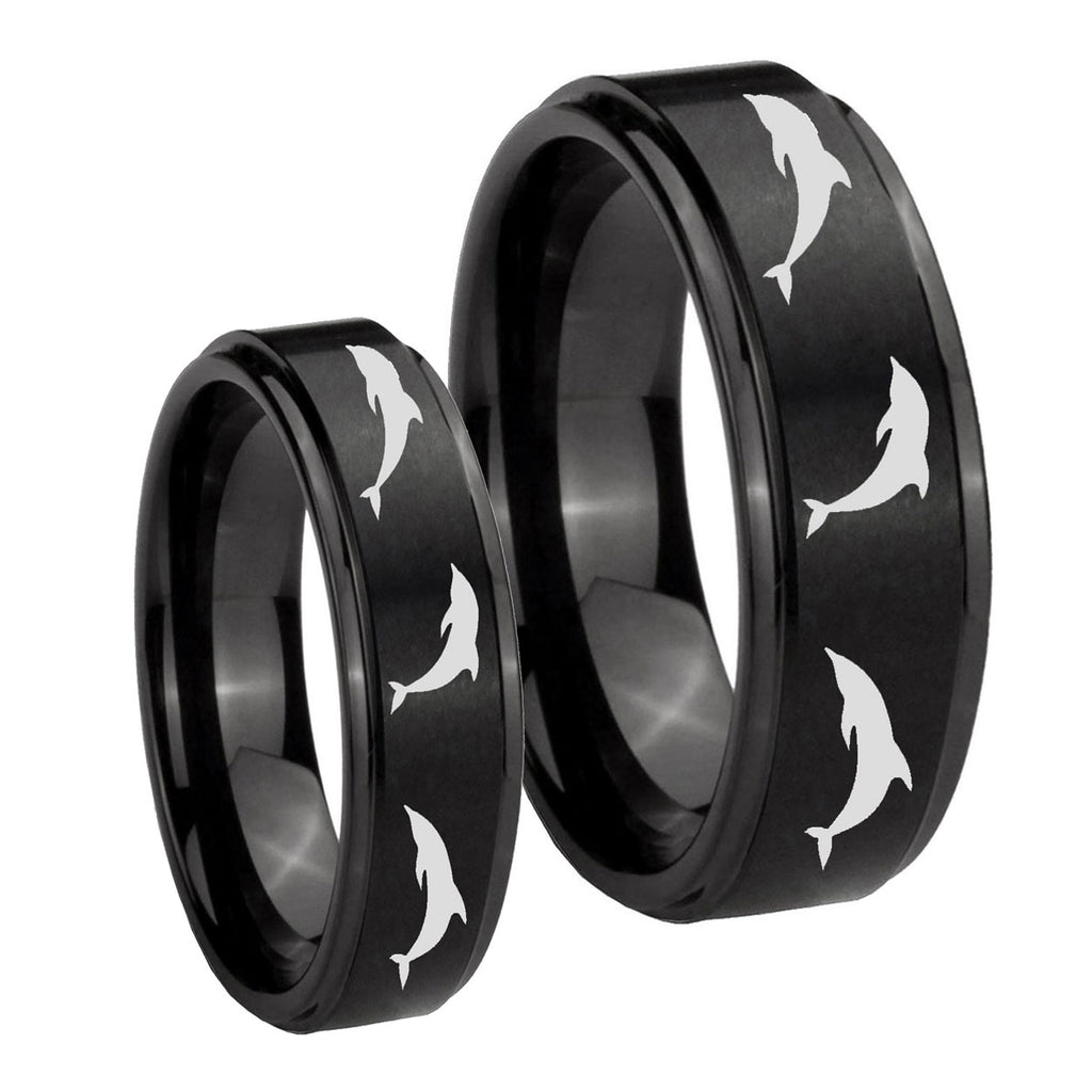 Dolphins Step Edges Brush Black Tungsten His And Hers Ring