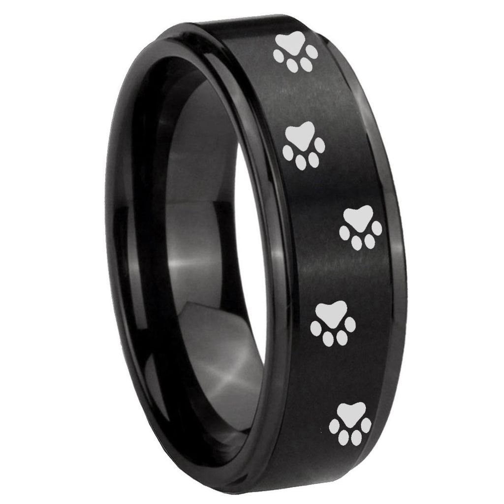 10mm Paw Print Step Edges Brush Black Tungsten Carbide Wedding Engagement Ring
