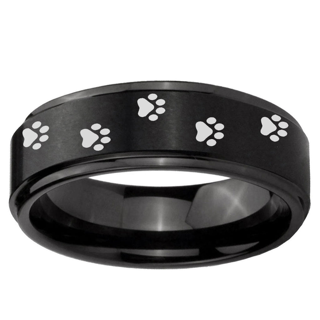 10mm Paw Print Step Edge Brush Black Tungsten Ring