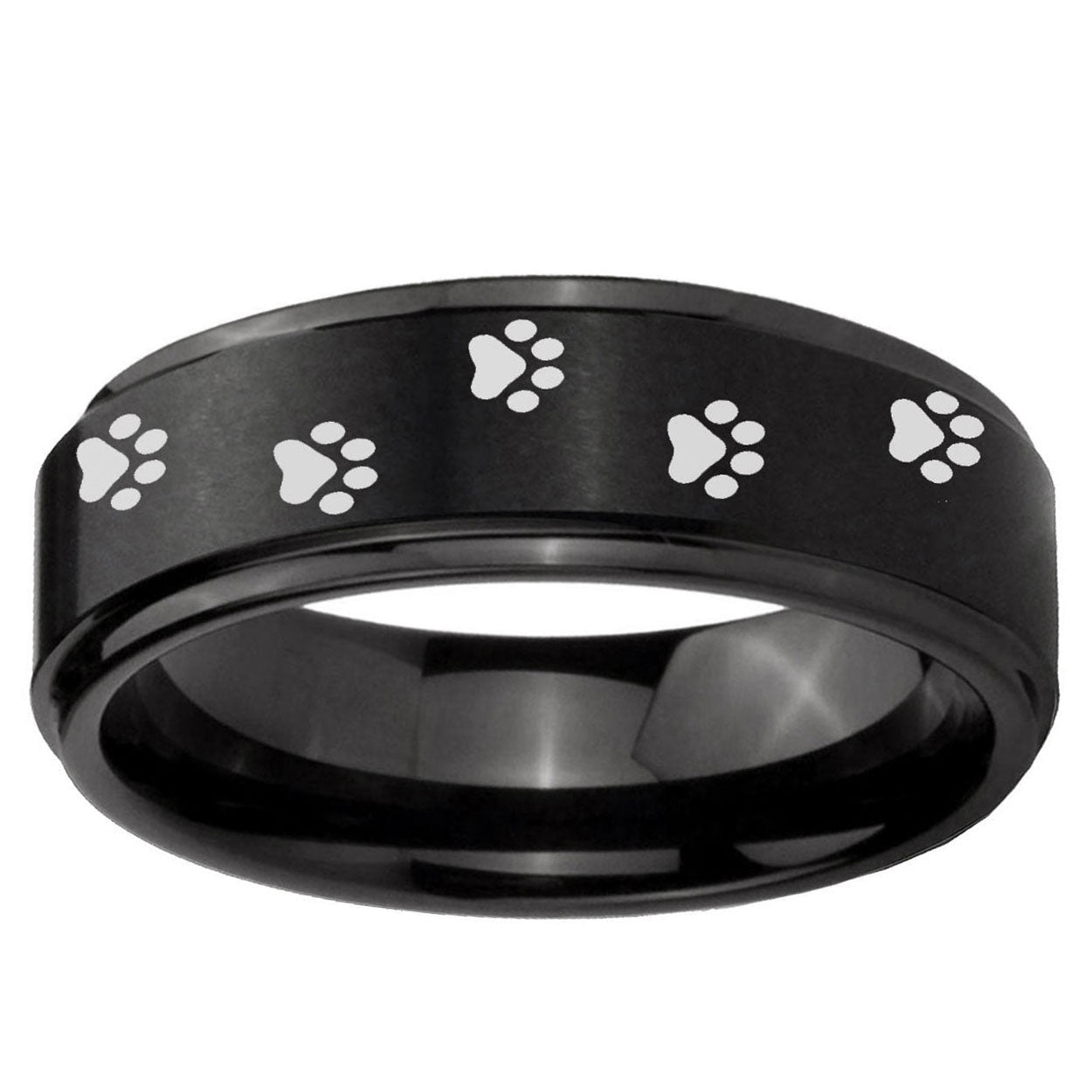 10mm Paw Print Step Edge Brush Black Tungsten Ring