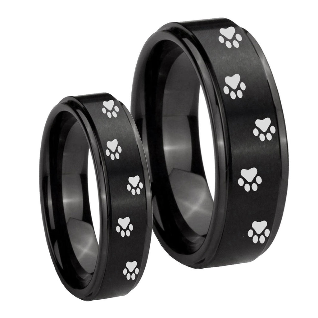 Paw Print Step Edges Brush Black Tungsten Bridal Set Rings