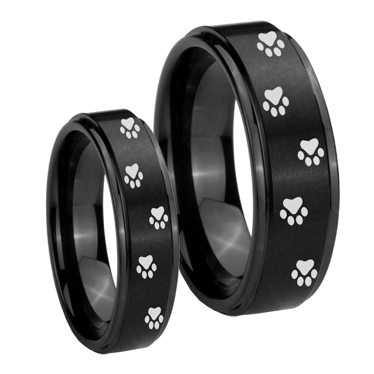 Paw Print Step Edges Brush Black Tungsten Bridal Set Rings