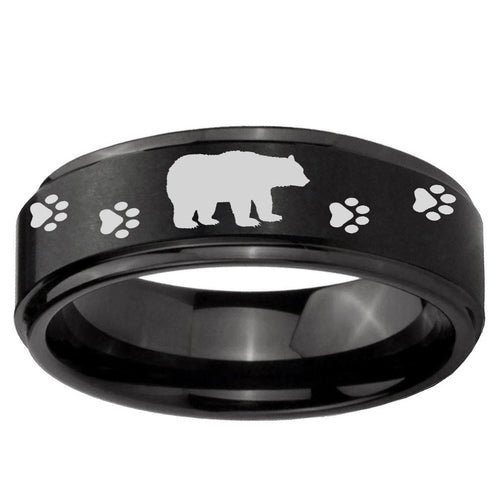 10mm Bear and Paw Step Edge Brush Black Tungsten Wedding Engraving Ring