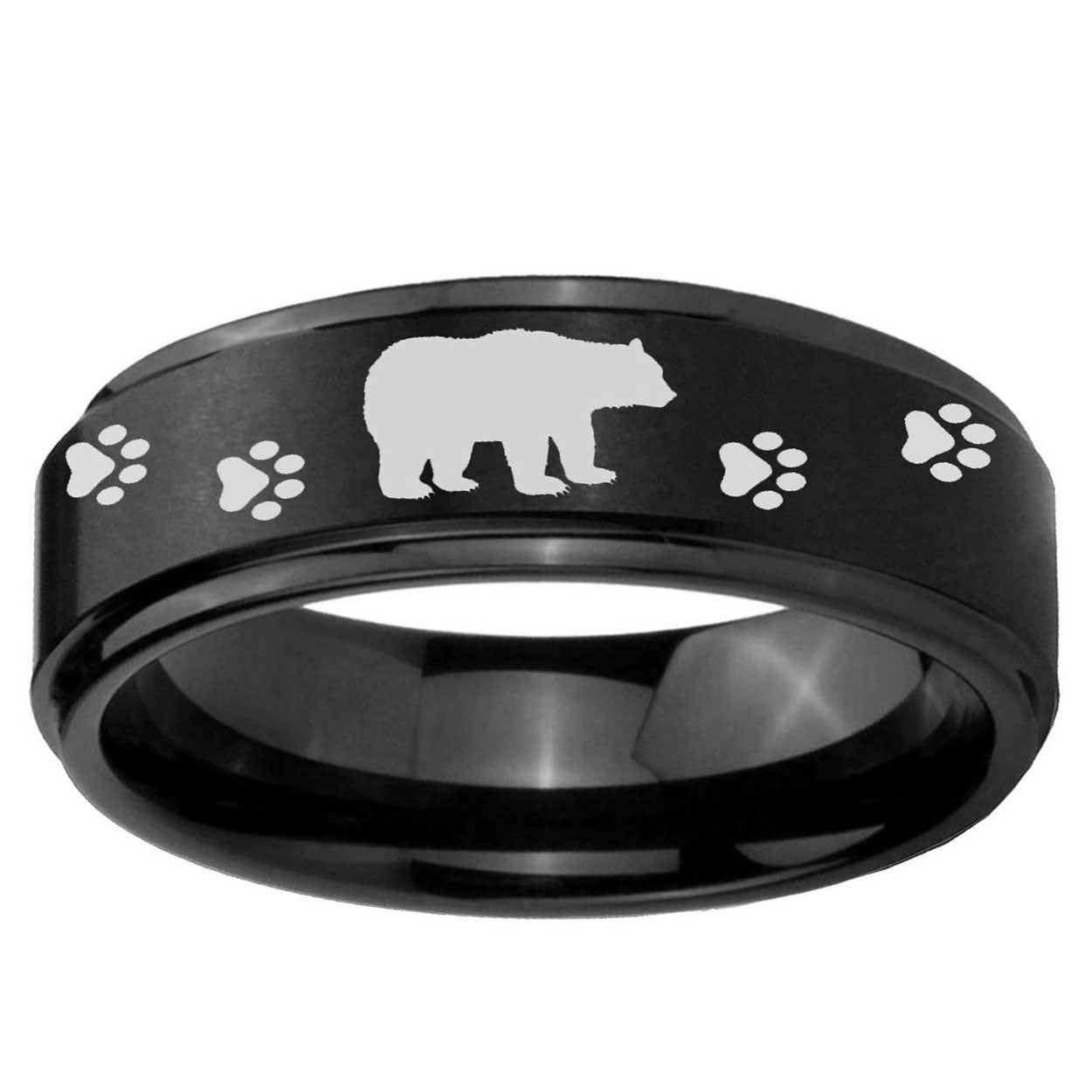 5mm Bear and Paw Step Edges Brush Black Tungsten Ring
