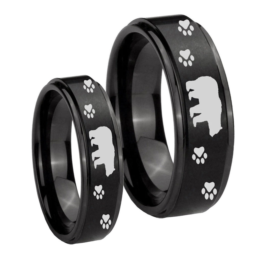 Bear and Paw Step Edges Brush Black Tungsten Promise Ring Set