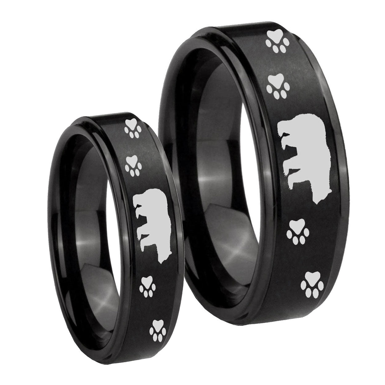 Bear and Paw Step Edges Brush Black Tungsten Promise Ring Set