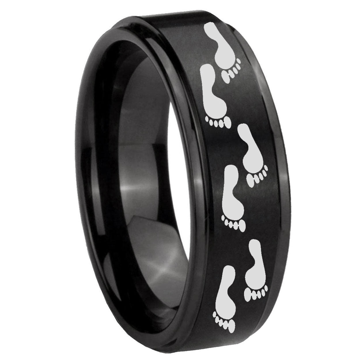 10mm Foot Print Step Edges Brush Black Tungsten Carbide Anniversary Ring