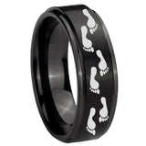 8mm Foot Print Step Edges Brush Black Tungsten Carbide Wedding Band Mens