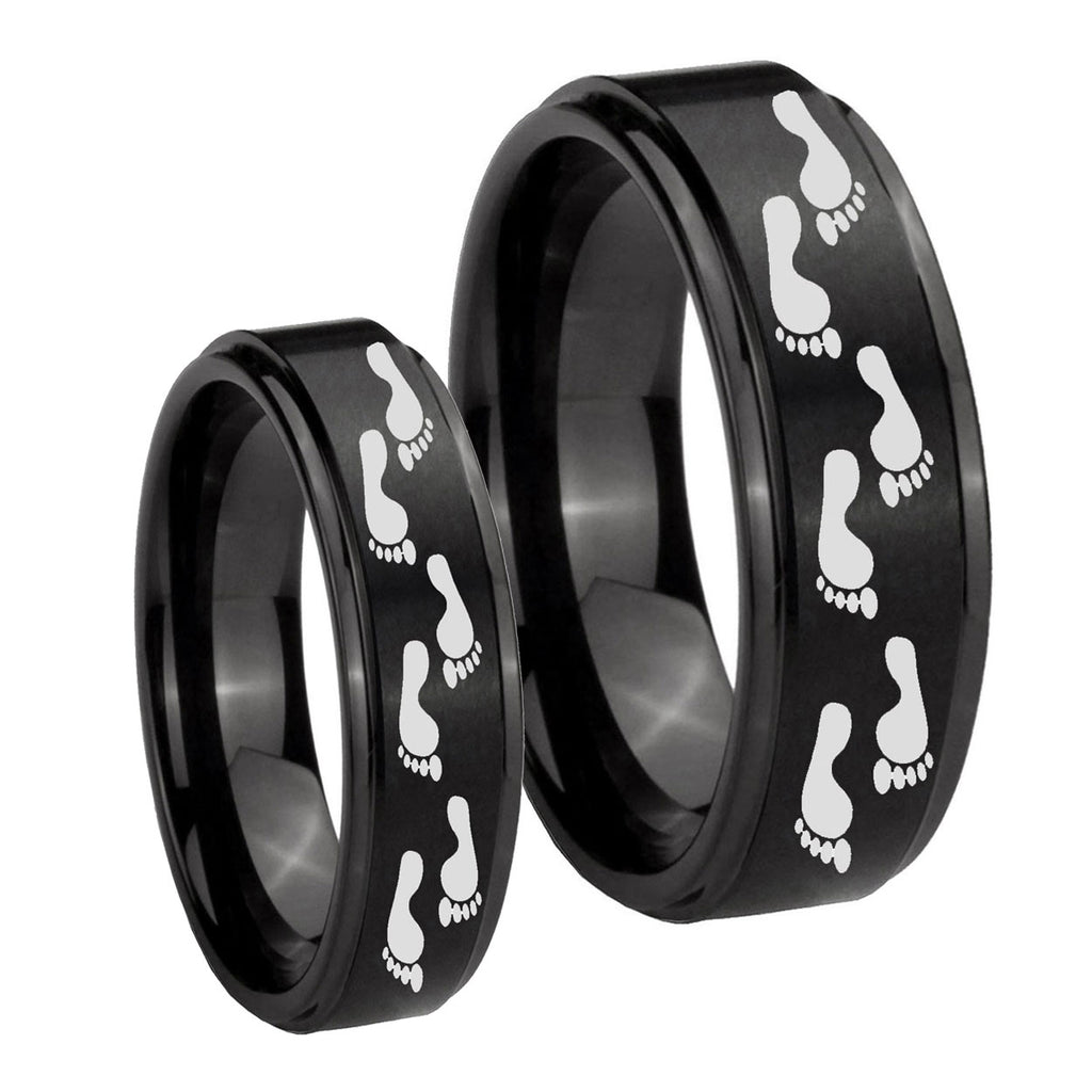 Foot Print Step Edges Brush Black Tungsten His Hers Set Rings