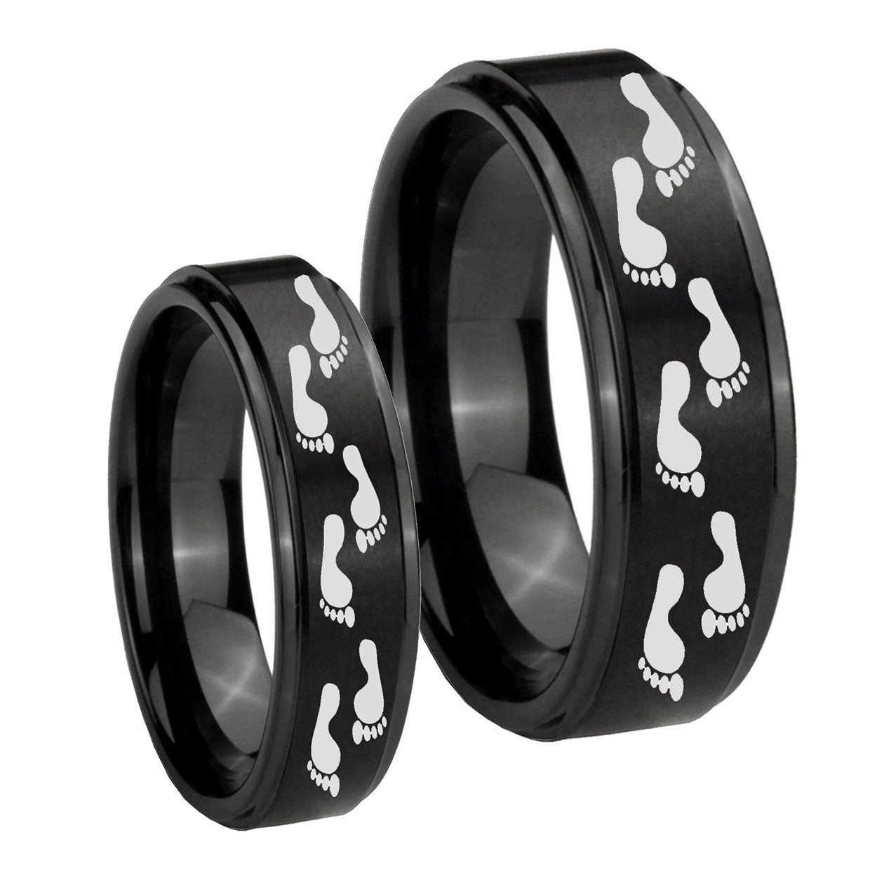 Foot Print Step Edges Brush Black Tungsten His Hers Set Rings