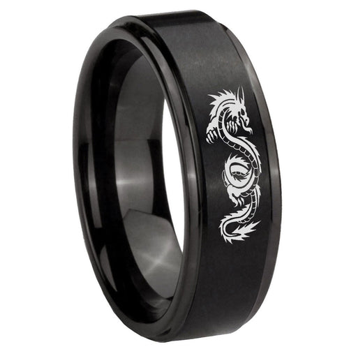10mm Dragon Step Edges Brush Black Tungsten Carbide Engagement Ring