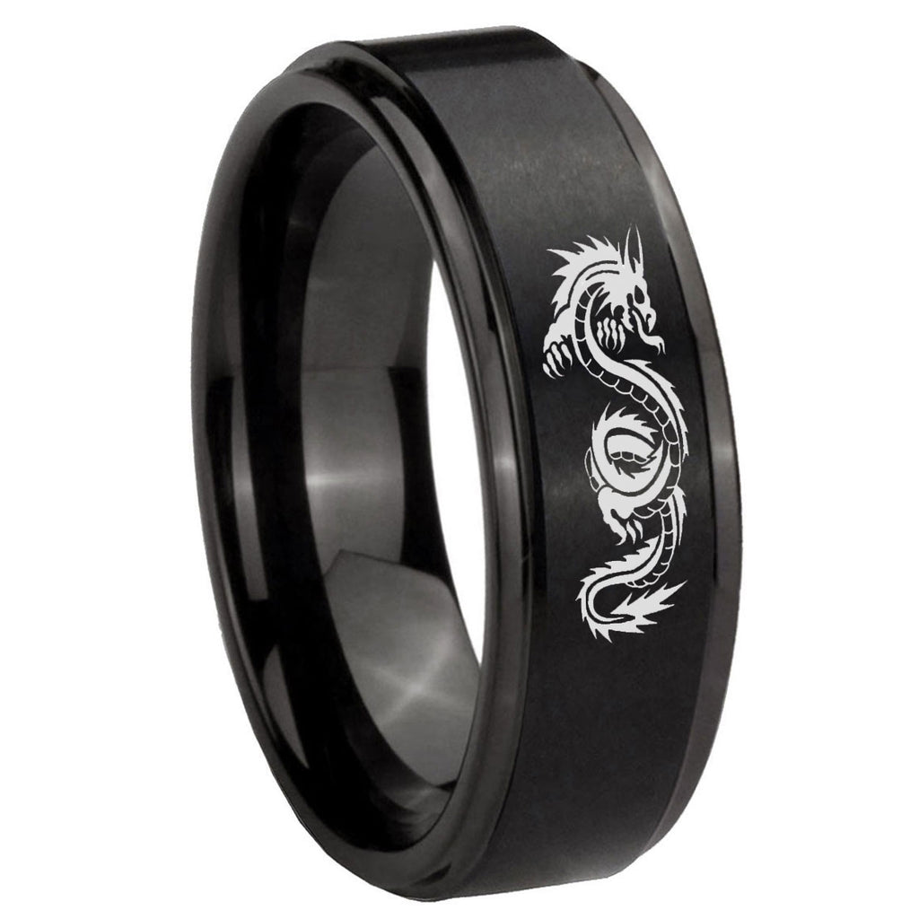8mm Dragon Step Edges Brush Black Tungsten Engraved Ring