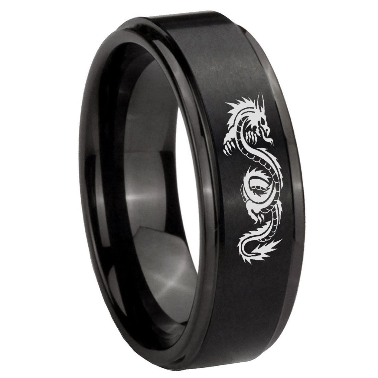 8mm Dragon Step Edges Brush Black Tungsten Engraved Ring