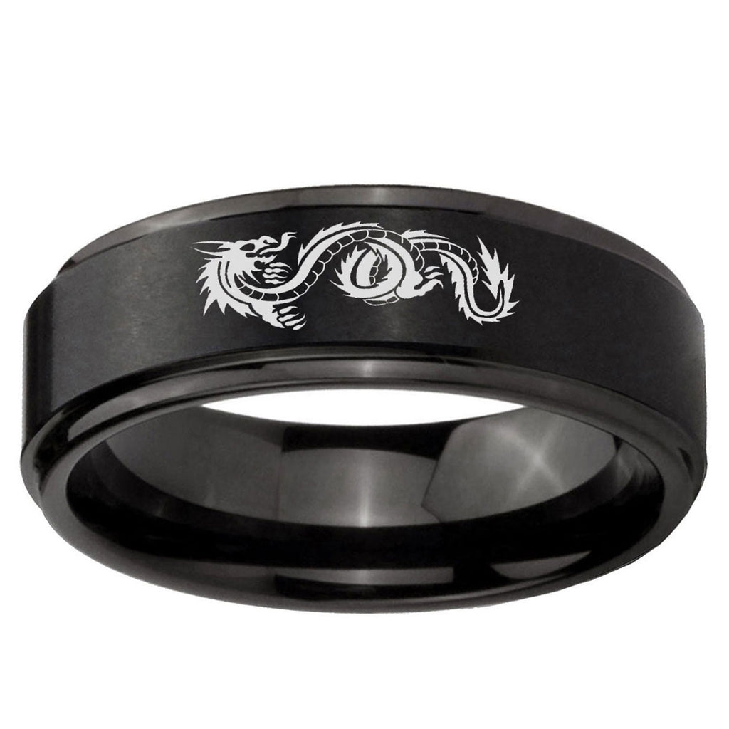 5mm Dragon Step Edges Brush Black Tungsten Engraved Ring