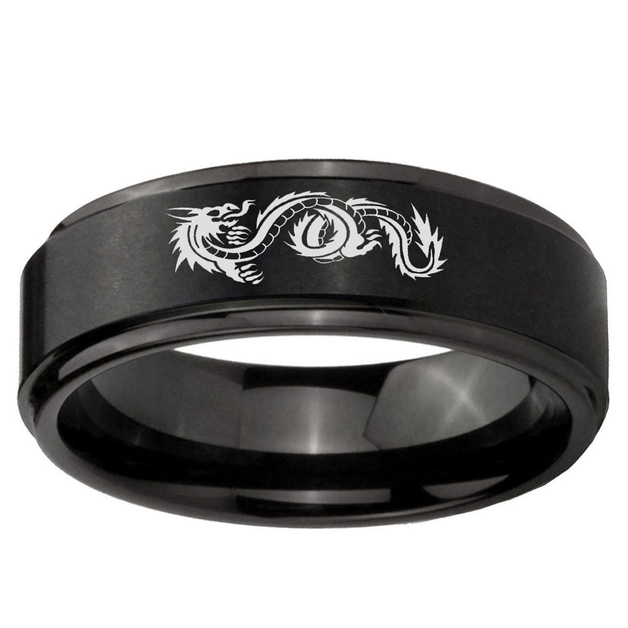 5mm Dragon Step Edges Brush Black Tungsten Engraved Ring
