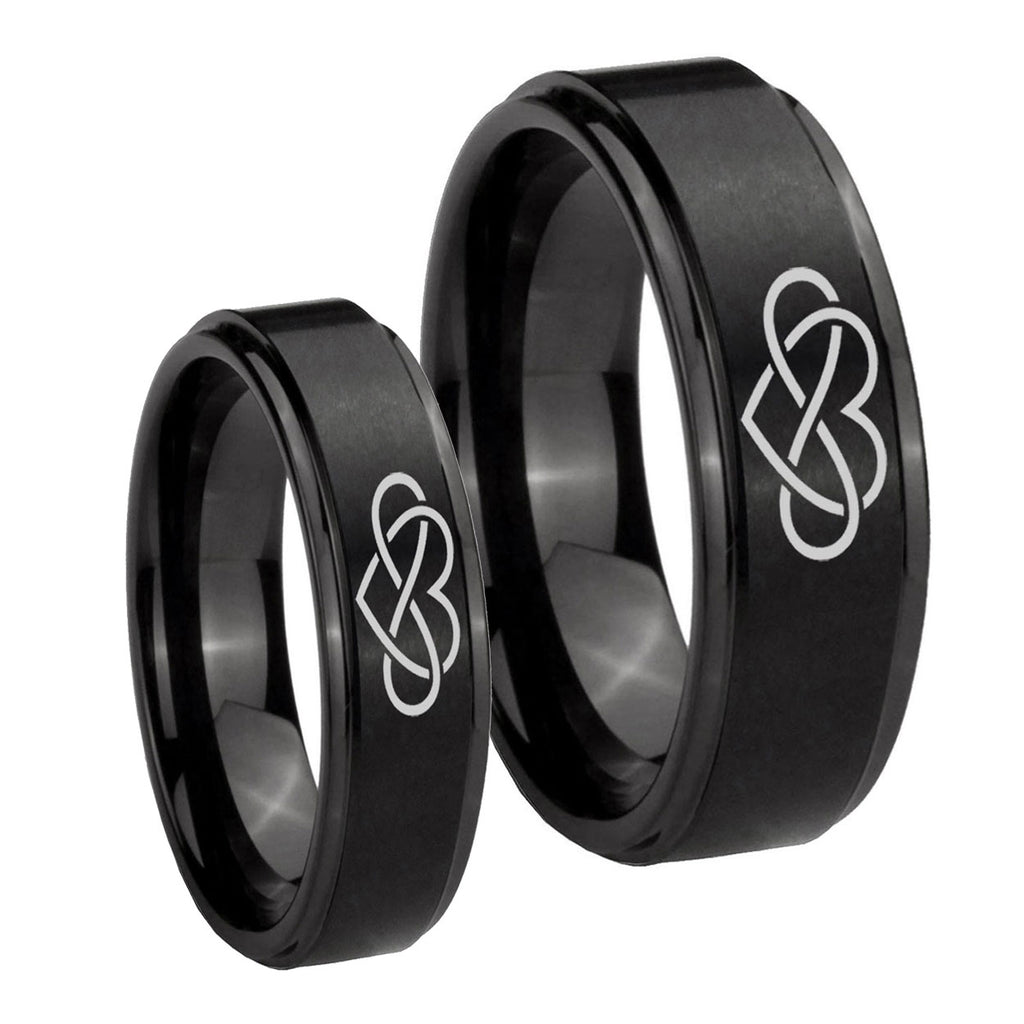 Infinity Love Step Edges Brush Black Tungsten His Hers Ring Set