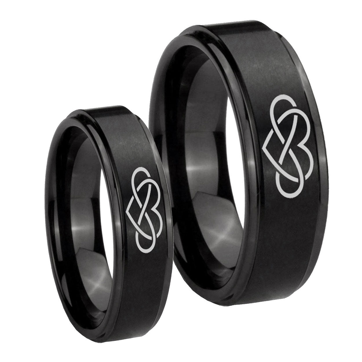 Infinity Love Step Edges Brush Black Tungsten His Hers Ring Set
