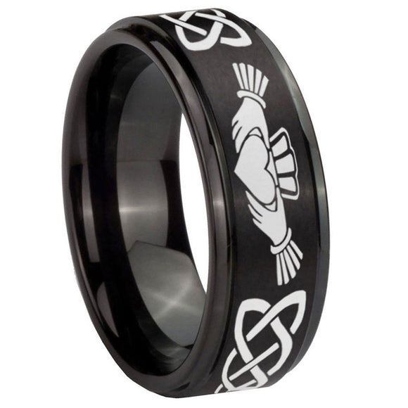 8mm-Irish-Claddagh-Step-Edges-Brush-Black-Tungsten-Carbide-Men's-Bands-Ring
