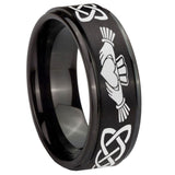 10mm-Irish-Claddagh-Step-Edges-Brush-Black-Tungsten-Carbide-Men's-Ring