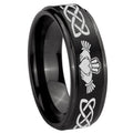 10mm Irish Claddagh Step Edges Brush Black Tungsten Carbide Men's Ring