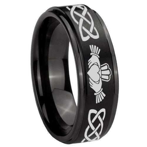 10mm Irish Claddagh Step Edges Brush Black Tungsten Carbide Men's Ring