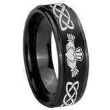 8mm Irish Claddagh Step Edges Brush Black Tungsten Carbide Men's Bands Ring