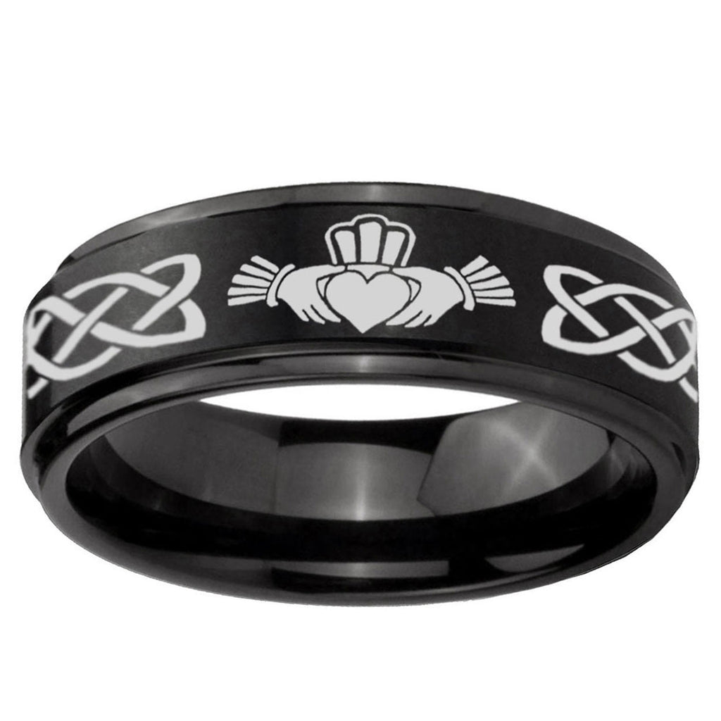 10mm Irish Claddagh Step Edge Brush Black Tungsten Ring