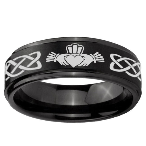 10mm Irish Claddagh Step Edge Brush Black Tungsten Ring