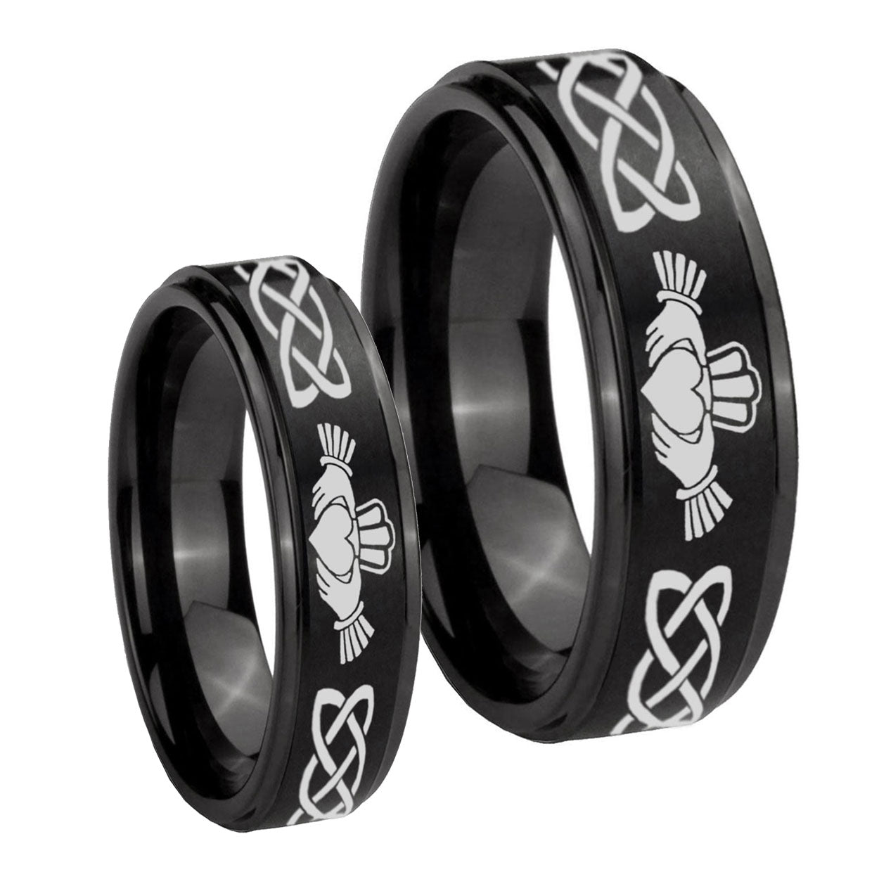 Irish Claddagh Step Edges Brush Black Tungsten Wedding Band Set
