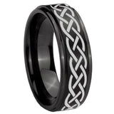 8mm Celtic Knot Step Edges Brush Black Tungsten Carbide Men's Band Ring
