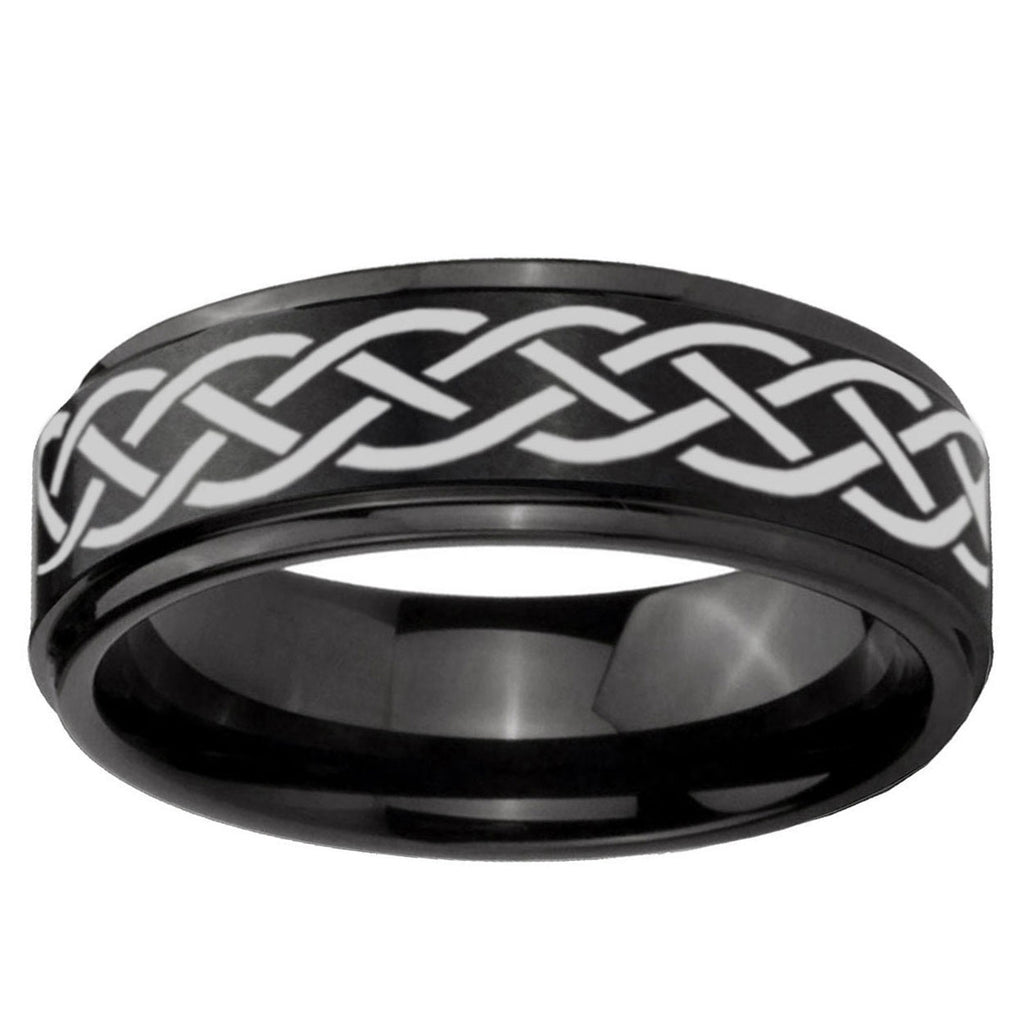 10mm Celtic Knot Step Edge Brush Black Tungsten Men's Promise Rings