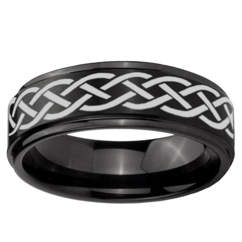 10mm Celtic Knot Step Edge Brush Black Tungsten Men's Promise Rings