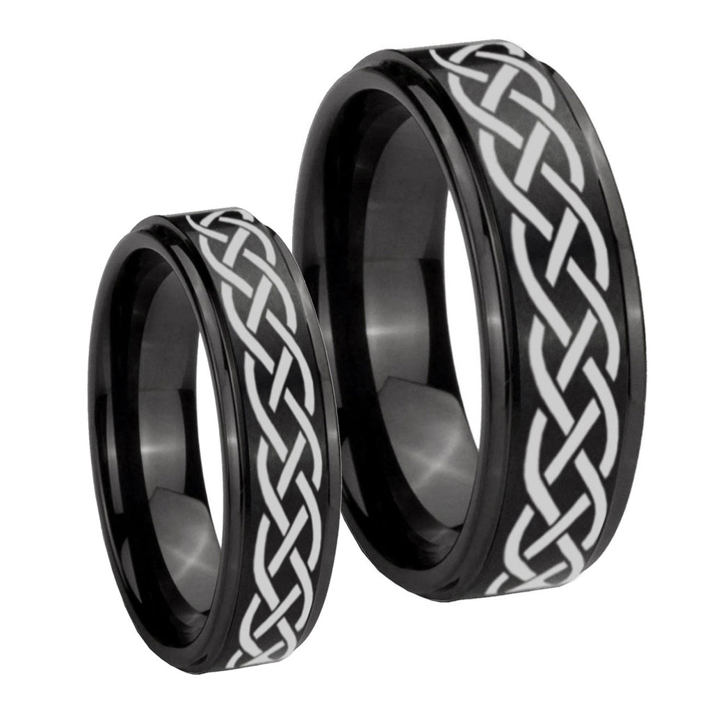 Celtic Knot Step Edges Brush Black Tungsten Bridal Ring Sets