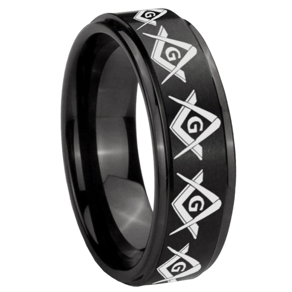 10mm Masonic Square and Compass Step Edges Brush Black Tungsten Men's Promise Rings