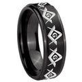 10mm Masonic Square and Compass Step Edges Brush Black Tungsten Men's Promise Rings