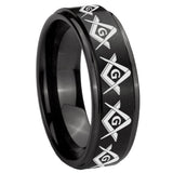 8mm Masonic Square and Compass Step Edges Brush Black Tungsten Carbide Men's Band Ring