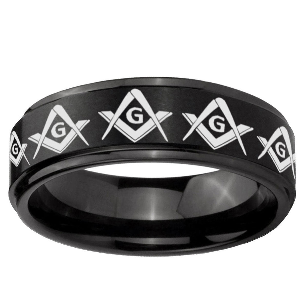 5mm Masonic Square Compass Step Edge Brush Black Tungsten Ring