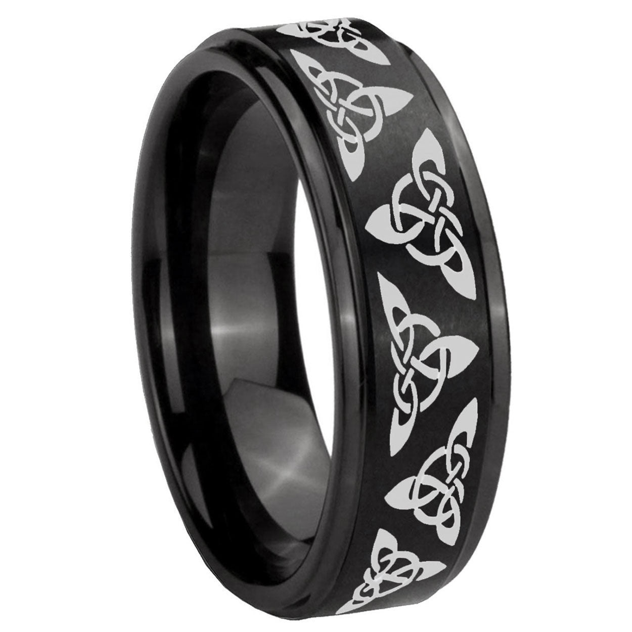 8mm Celtic Knot Step Edges Brush Black Tungsten Mens Ring