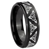 8mm Celtic Knot Step Edges Brush Black Tungsten Carbide Men's Band Ring