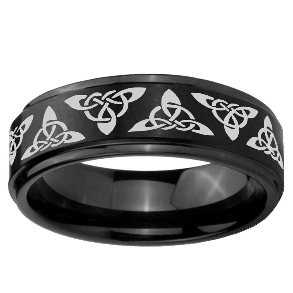10mm Celtic Knot Step Edge Brush Black Tungsten Men's Promise Rings