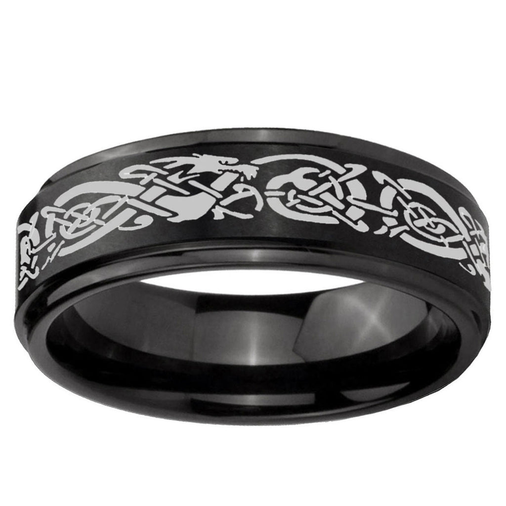 10mm Celtic Knot Dragon Step Edge Brush Black Tungsten Men's Engagement Band