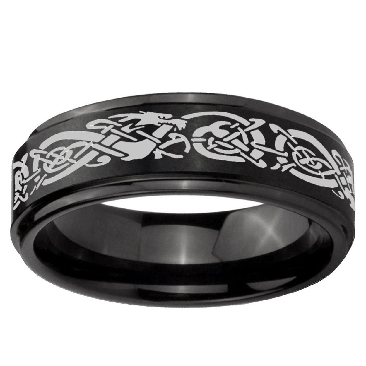 10mm Celtic Knot Dragon Step Edge Brush Black Tungsten Men's Engagement Band