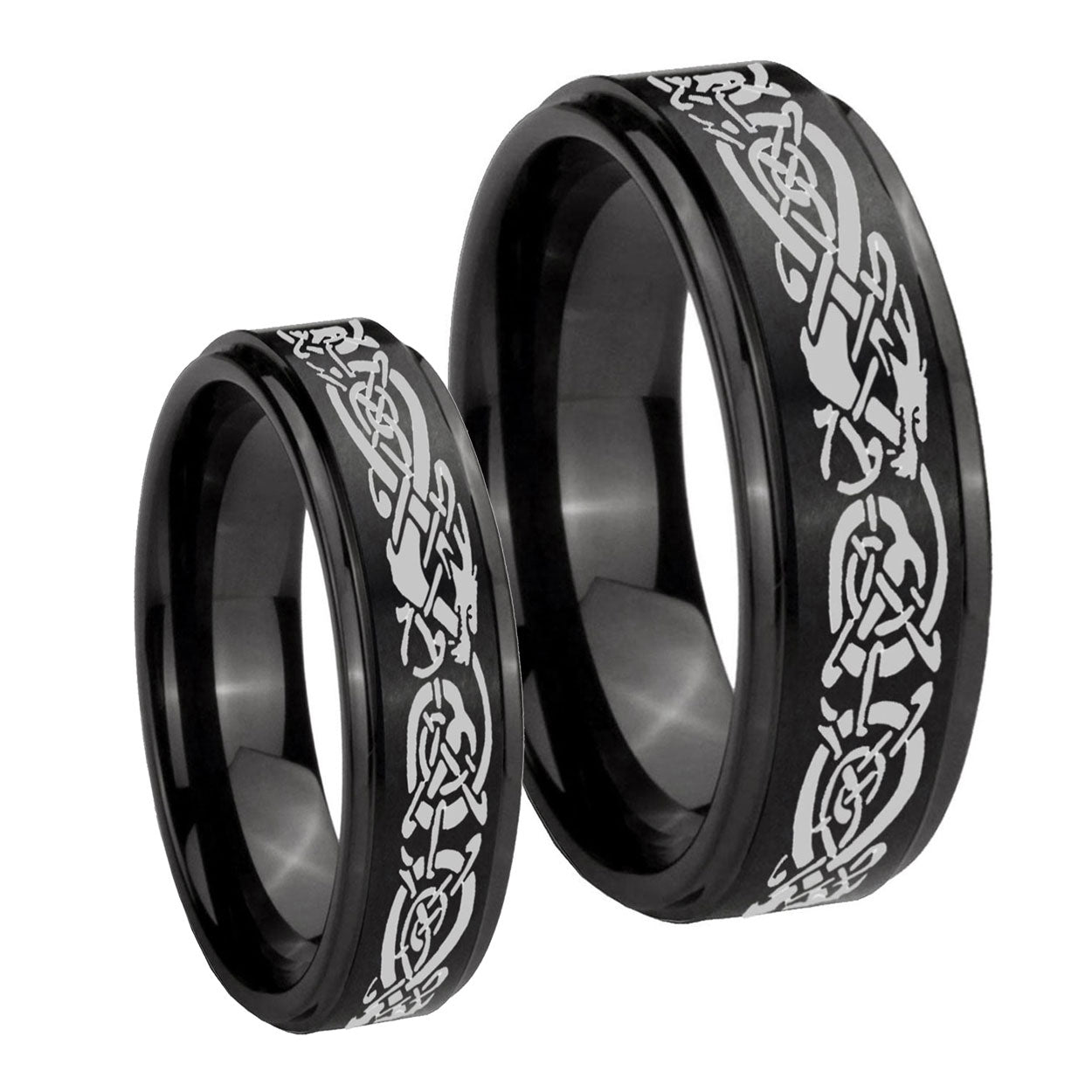 Celtic Knot Dragon Step Edges Brush Black Tungsten His and Hers
