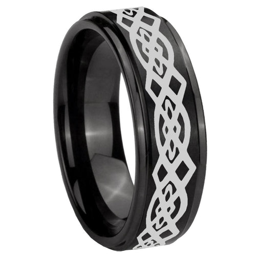 10mm Celtic Knot Step Edges Brush Black Tungsten Carbide Mens Engagement Ring