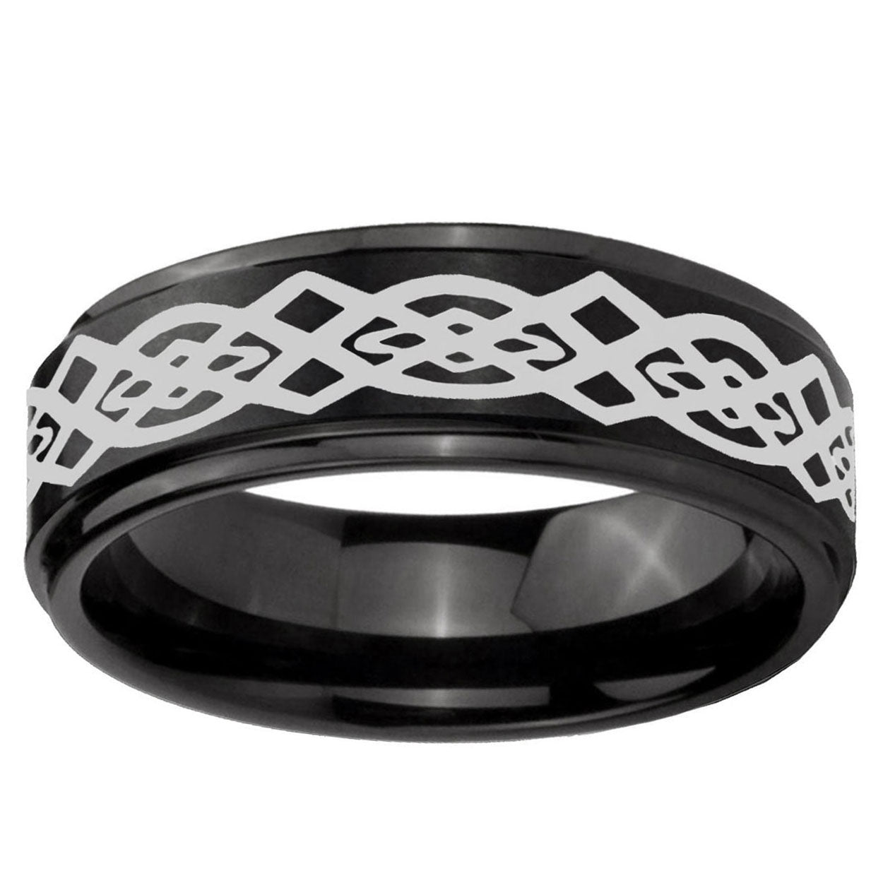 10mm Celtic Knot Step Edge Brush Black Tungsten Carbide Mens Engagement Ring