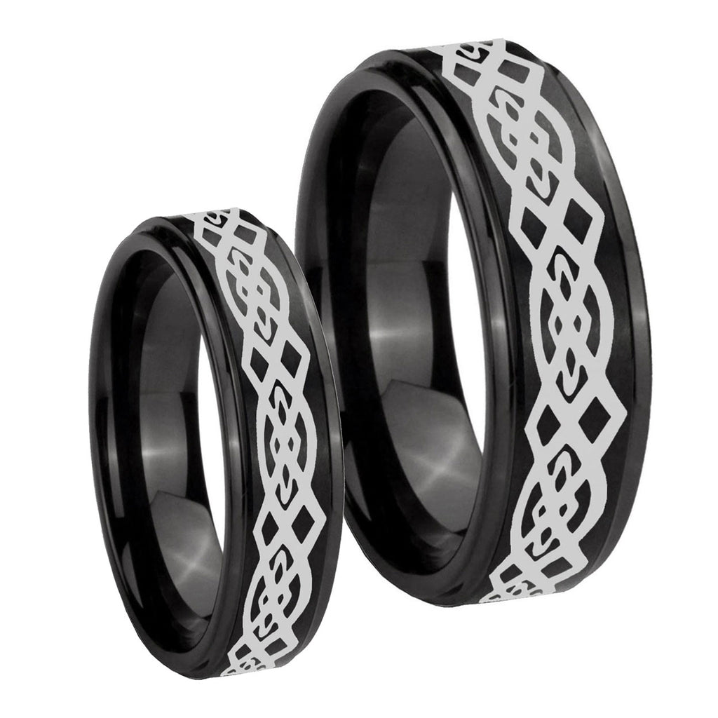 Celtic Knot Step Edges Brush Black Tungsten Mens Set Ring