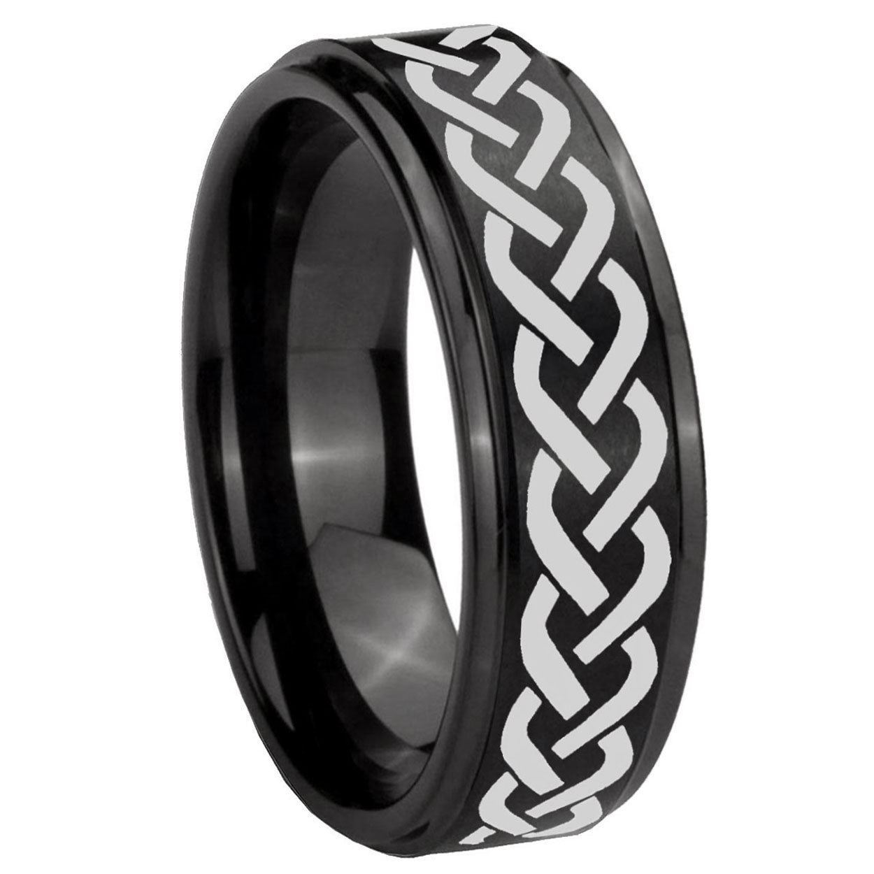 10mm Laser Celtic Knot Step Edges Brush Black Tungsten Men's Promise Rings