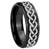 8mm Laser Celtic Knot Step Edges Brush Black Tungsten Carbide Men's Band Ring