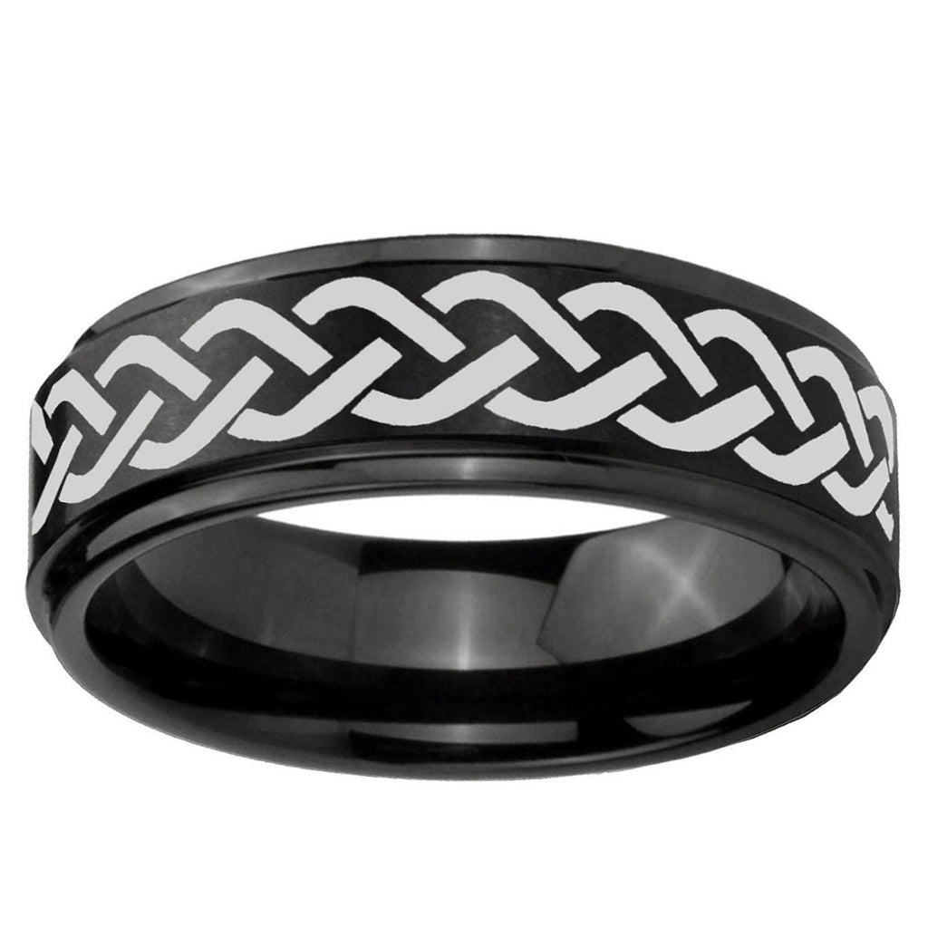 10mm Laser Celtic Knot Step Edge Brush Black Tungsten Men's Promise Rings